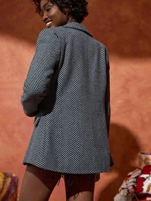 Bóhologie 人字纹图案西装外套，双排扣，金色纽扣，缺口翻领，翻盖口袋，剪裁合身，优雅的办公室着装，夹克，夹克，女式皮夹克，女式夹克，皮夹克，女式飞行员夹克，大衣，女式夹克，大衣，绒面革夹克 - 彩色 - 查看 2