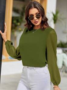 EMERY ROSE Women's Solid Color Round Neck Lantern Sleeve Fashionable Elegant Blouse - Olive Green - View 5
