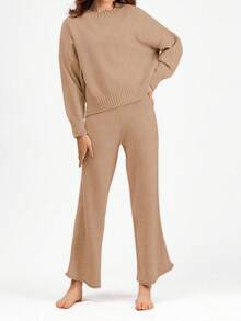 Franclia 2pcs/Set Setelan Sweater dan Celana Rajut Polos Kasual, Musim Gugur/Musim Dingin - Unta - View 4
