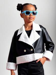 Elladie kids 年轻女孩黑色 PU 人造毛皮夹克，采用亮面 PU 皮革材质，蓬松的白色毛皮领口和袖口，双排扣开合，短款廓形，温暖时尚，适合秋冬休闲外出 - 黑色 - 查看 4