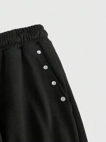 ROMWE MEN Goth Pantalones deportivos holgados para hombre con gráfico de color contrastante, estilo callejero - Negro - Ver 3