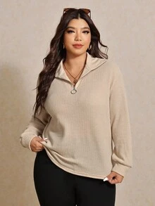Elaquor Plus Size Women Casual All-Match Solid Color Loose Fit Half Zip Textured Knit T-Shirt, Autumn Plus Size Ribbed Knit Top Plus Size Half Zip Sweater Plus Size Jumper Plus Size Waffle Knit Top Plus Size Sweater