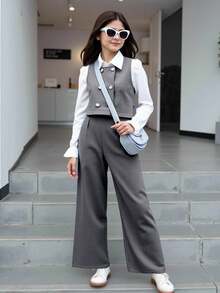 SHEIN 青少年女孩喇叭袖领衬衫 + 开衫背心 + 裤子 3 件套服装 - 灰色 - 查看 6