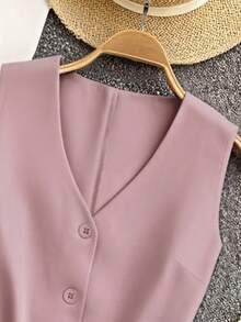 INAWLY Chaqueta ligera de mujer de un solo pecho con cuello en V, sin mangas, de unicolor, adecuada para ir al trabajo en verano - Rosa - Ver 3