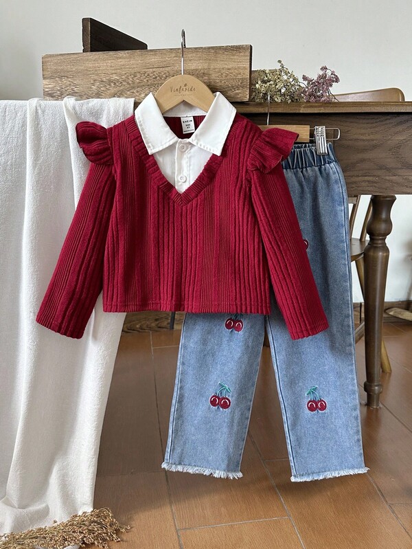 SHEIN Vintaside Kids 2pcs Young Girls Vintage Style Collared Long Sleeve T-Shirt & Embroidered Cherry Casual Jeans Pants Set, Suitable For Camping And Everyday Wear, Spring/Autumn