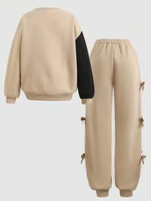 SHEIN Tween 女童宽松休闲简约舒适圆领拼接撞色连帽衫和慢跑裤套装 - 卡其色 - 查看 2