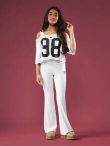 SUMWON 女童露肩学院风数字印花套装喇叭裤时尚休闲街头风日常秋冬两件套 - 淺灰色 - 查看 7