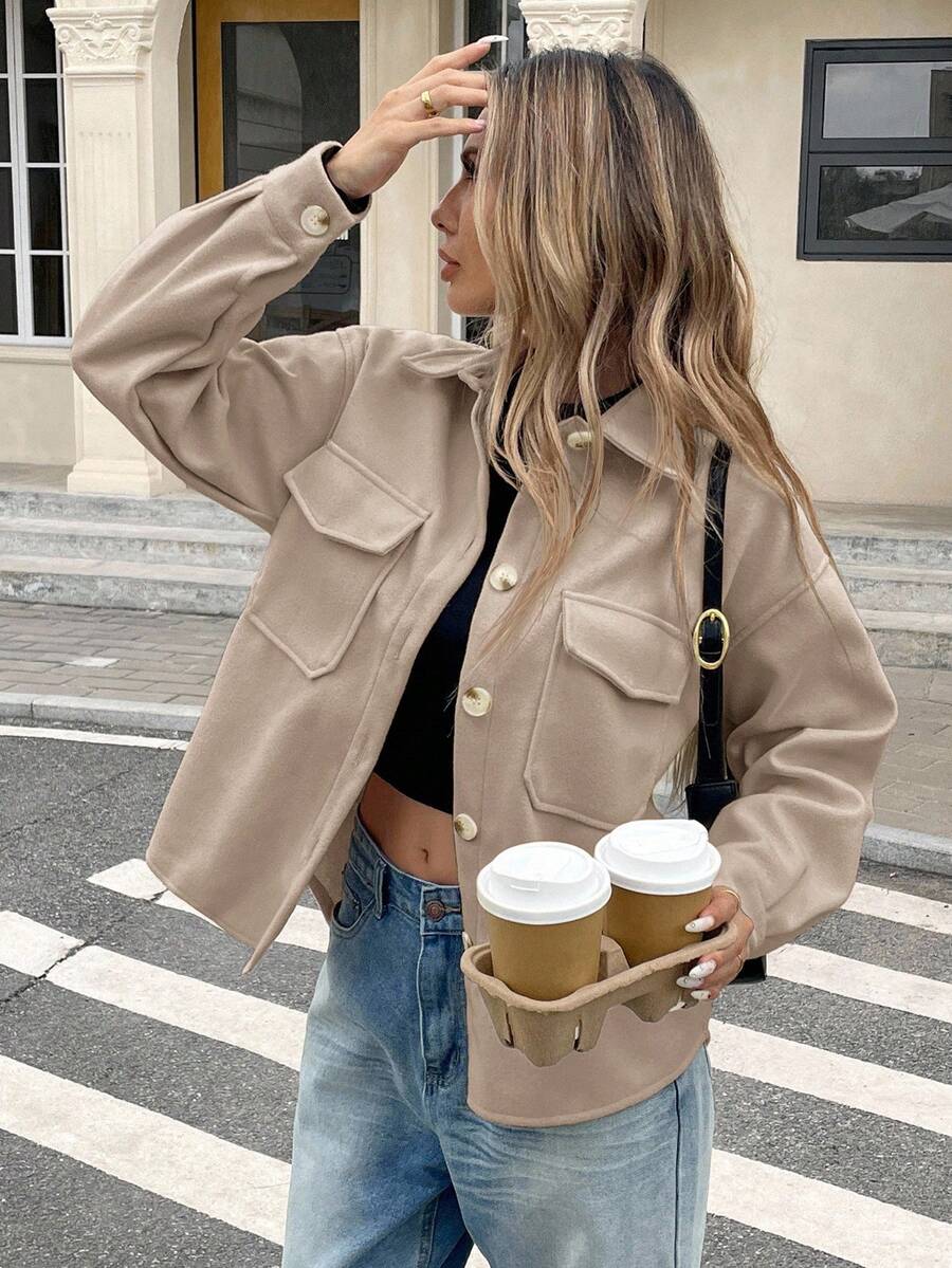 Serisse Flap Pocket Drop Shoulder Overcoat In Fall/Winter Casual - Camel - View 1