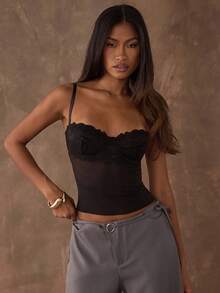 SHEIN BAE Áo hai dây phối ren ngắn ôm sát thời trang màu trơn tương phản dành cho nữ - màu đen - Xem 5