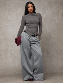 SHEIN BAE Women's Solid Color Pleated Waist Belt Loop Casual Loose Pants - Light Grey - View 7