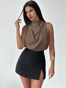 Firerie 女士优雅时尚新款通勤办公室日常度假音乐节不对称褶皱杏色衬衫，春夏 - 棕色 - 查看 5