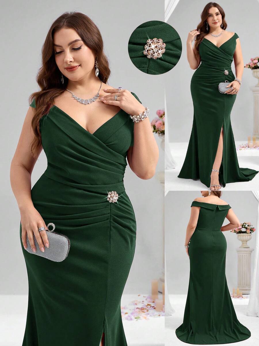 Coutiva Vestido de noche elegante con decoración de flores 3D de strass y drapeado para mujer de talla grande (con mucho bordado) - Verde Oscuro - Ver 1