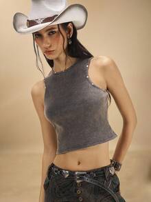 Easelle Washed Gray Collar Rivet Bohemian Style Western All-Match Casual Style Washed Distressed I-Type Top Hit Silver Detail Washing With - Grey - View 3