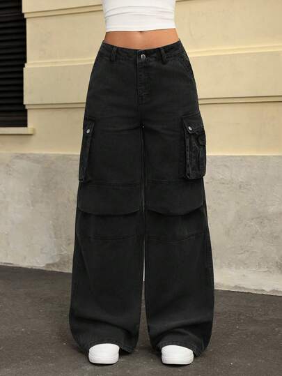 Jeanoix Casual Versatile Solid Color Low Waist Wide Leg Cargo Jeans