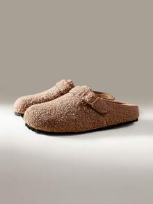 Solecia 女士圆形平底杏色鞋头一脚蹬毛绒拖鞋，带扣装饰，适合室内和室外，适合暑假鞋，夏季促销，返校鞋，大学生鞋，圣诞节，秋季，新年假期