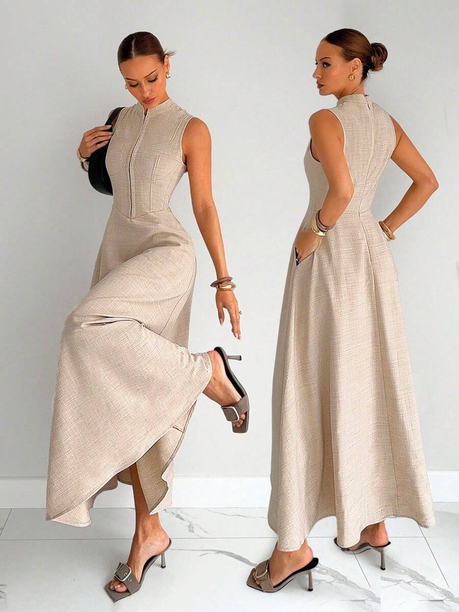 Siren Gaze Solid Color Sleeveless Stand Collar Long Waist Gathered Hem Dress, Elegant Office Wear For Women Beige Dress For Women Neutral Dresses For Women Asymmetrical Dress Slit Dress Corset Dress Summer Evening Dress - Apricot - View 1