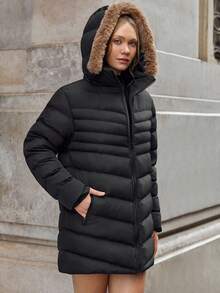 SHEIN Tall Glacier Edge Asymmetric-Zip Puffer Jacket - High-Neck, Wind-Resistant, Insulated Warmth With Hidden Side Pockets & Urban Luxe Finish - Black - View 4