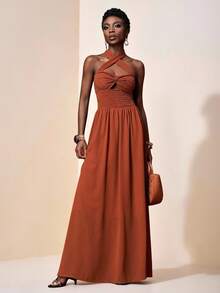 Zivah 2025 夏季新款音乐节、复活节、母亲节、婚礼季、出席婚礼、生日派对、日常穿着、百搭百搭、休闲、度假、邮轮旅行、海滩、日光浴、病毒式传播、街头服饰、优雅、通勤交叉细肩带扭纹杯纹理面料和飘逸雪纺阔腿裤 - 连体裤 - 棕色 - 查看 3