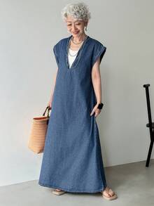 FRIFUL 女式深V领蝙蝠袖短袖宽松休闲牛仔连衣裙