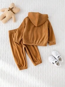 Cozy Pixies 2pcs Baby Boy Cartoon Bear Hooded Long Sleeve Pullover Jacket And Elastic Waist Long Pants Set Fall Winter - Brown - View 2