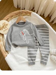 SHEIN 2pcs Baby Boy/Girl Cute Cartoon Animal Intarsia Knit Soft Round Neck Long Sleeve Pullover Top And Pants Set, Black, Autumn/Winter Fall