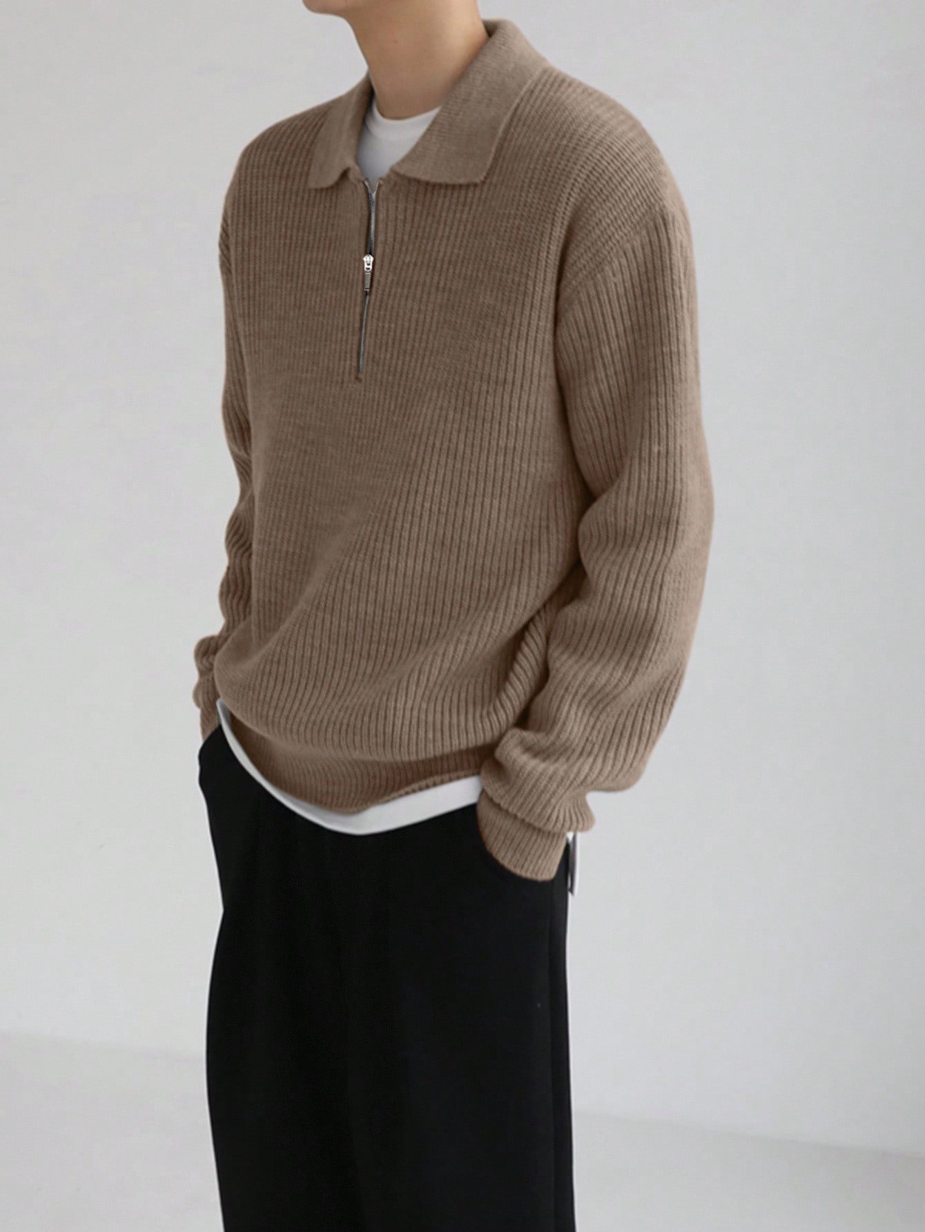 DAZY كنزة صوفية رجالية ربع سحاب ذات كتف منخفض، ملا...