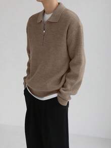 DAZY Men Quarter Zipper Drop Shoulder Sweater,Fall Clothes - Khaki - View 2