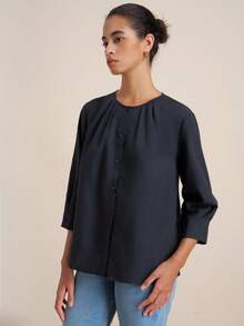 Airaco Women's Fashion Casual Retro Elegant Romantic Minimalist Round Neck Button Shirt - Navy Blue - View 4