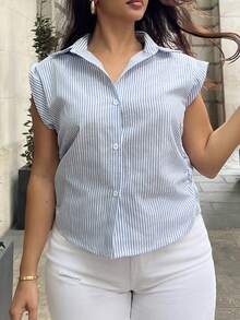 NegzBox Áo sơ mi không tay dây rộng cho nữ, Áo sơ mi sọc cơ bản tay lửng cài nút, Áo sơ mi xếp ly, Trang phục áo sơ mi sọc, Xanh lam và trắng, Áo sơ mi - Xanh và trắng - Xem 4