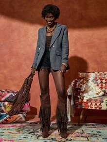 Bóhologie 人字纹图案西装外套，双排扣，金色纽扣，缺口翻领，翻盖口袋，剪裁合身，优雅的办公室着装，夹克，夹克，女式皮夹克，女式夹克，皮夹克，女式飞行员夹克，大衣，女式夹克，大衣，绒面革夹克 - 彩色 - 查看 5