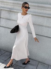 Chiquease Women's Autumn Round Neck Regular Shoulder Long Sleeve Fitted Striped Dress Fall Cloth For Women - Apricot - View 4