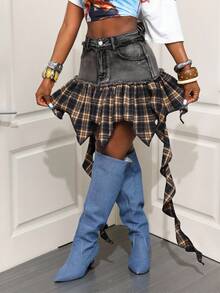 SHEIN BamGlam 女士时尚牛仔拼布格子印花迷你裙 - 黑色 - 查看 3