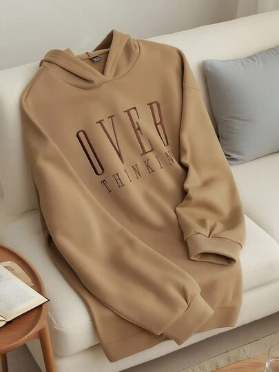 Franclia Women's Casual Loose Slogan Print Long Sleeve Hooded Long Sweatshirt, Autumn