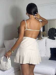 Ronhire Conjunto de top de tirantes sin mangas con espalda descubierta y falda mini plisada de lino caqui para mujer, romántico y elegante, ideal para vacaciones, citas, fiestas, graduación, invitada de boda y playa. Conjunto de dos piezas de verano para mujer, atuendo de dos piezas para uso diario, ropa de verano - Albaricoque - Ver 2