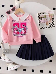 2pcs/Set Young Girls Back To School Collegiate Style Sweatshirt & Pleated Skirt Set, Pink Collar Sweatshirt With Letter Print, Navy Blue Pleated Skirt, School Uniform Look Fall Winter - Pink - View 1