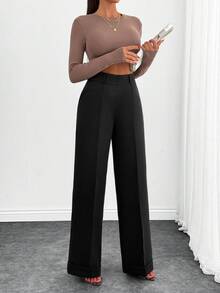 EURMUSE Fashionable Versatile Solid Color High Waist Straight Leg Pants - Black - View 4