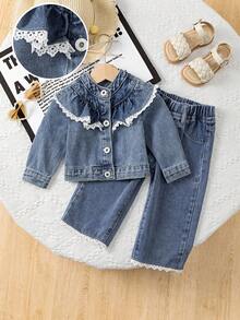 Baby Girls 2 Pieces Denim Set, Cute & Fashionable Light Blue Denim Jacket With Ruffle Collar And Loose Straight Leg Jeans With Floral Hem Fall Winter - Light Wash - View 1