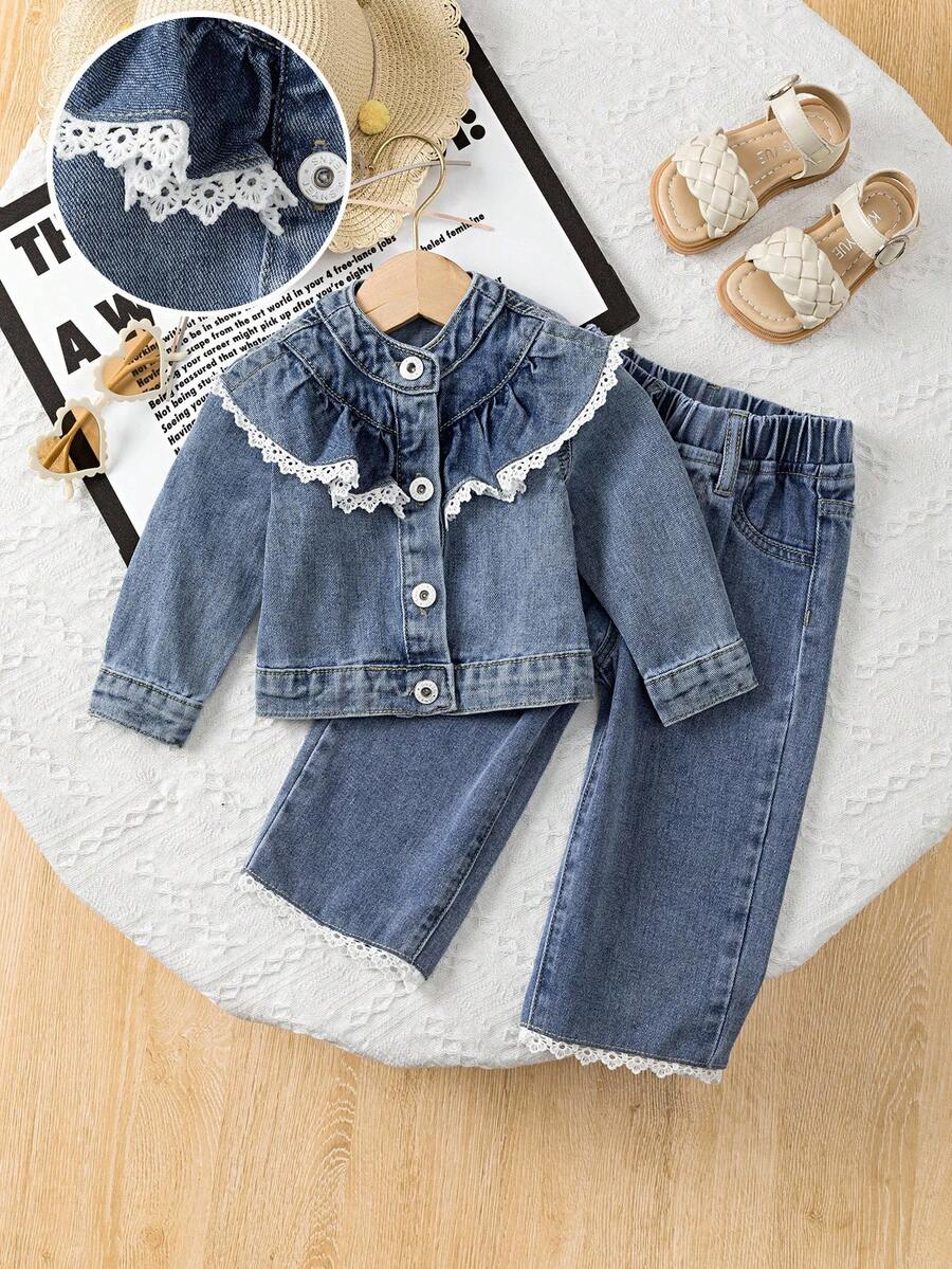 Baby Girls 2 Pieces Denim Set, Cute & Fashionable Light Blue Denim Jacket With Ruffle Collar And Loose Straight Leg Jeans With Floral Hem Fall Winter - Light Wash - View 1