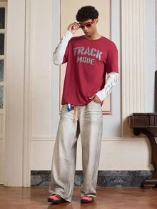 SWAVVY Men's Letter Print Round Neck Red Long Sleeve 2 In 1 T-Shirt, For Fall - Burgundy - View 5