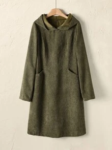 Rusticease 女式纯色连帽口袋休闲百搭灯芯绒连衣裙 - 綠色 - 查看 6