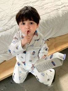 DAZY 2 Stück Baby Jungen Cartoon Muster Loungewear Set - Langarm Oberteil und Lässig Hose Herbst,Winter