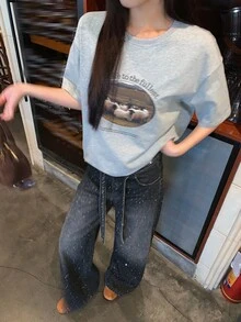 DAZY Women's Korean Style Loose Rhinestone Washed Distressed Casual Jeans - Black - View 10