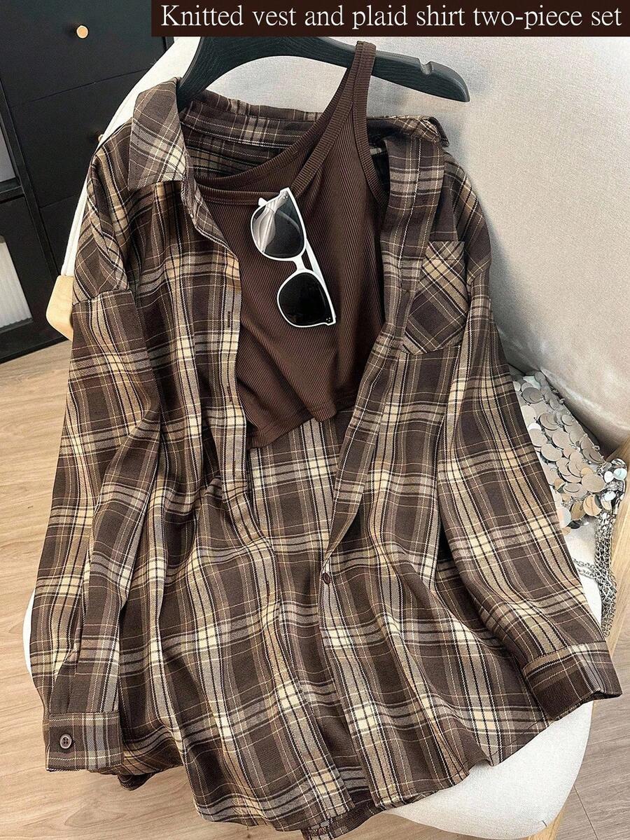 Franclia 女士时尚百搭休闲通勤日常秋季女装返校复古宽松格子长袖秋季纽扣衬衫、外出上衣和背心两件套 - 彩色 - 查看 1