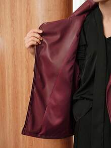 SHEIN Unity Women's PU Leather Lapel Collar Loose Jacket - Burgundy - View 6
