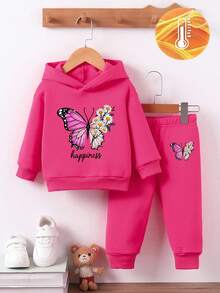 SHEIN Playful Pals 2 件套女婴套装：花卉和字母印花连帽卫衣和花卉印花羊毛裤，适合秋冬季外出 - 玫紅色 - 查看 3