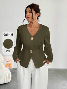 Firerie 女士休闲简约时尚金属扣西装外套，适合秋冬季通勤、工作、返校季 - 軍綠色 - 查看 7