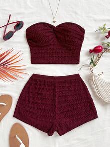 Soleia 女士纯色简约日常穿搭抹胸短裤两件套 - 酒紅色 - 查看 6