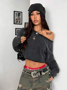 Coolane 女士和男士冬季/秋季街头服饰 返校风 脏污棉质舒适脏洗黑色超大不对称领口长袖 T 恤 - 黑色 - 查看 2