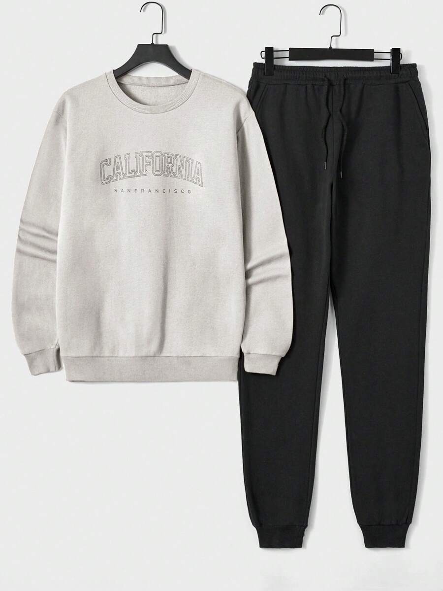 Felpa in cotone da uomo con grafica a lettere e pantaloni della tuta con vita con coulisse