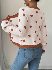 Elenzga Casual Colorblock Heart Jacquard Knit Cardigan, Autumn/Winter - Apricot - View 2
